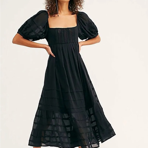Free People Dresses & Skirts - FREE PEOPLE Black Lets Be Friends Drawstring Waist Puff Sleeve Midi Dress L
